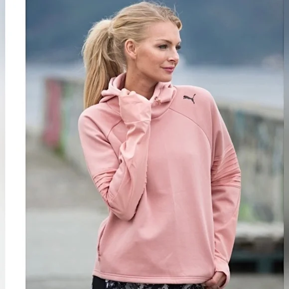Puma Evostripe Womens Top Pink XL Pullover Hoodie Logo Sweatshirt Pockets - Picture 1 of 9